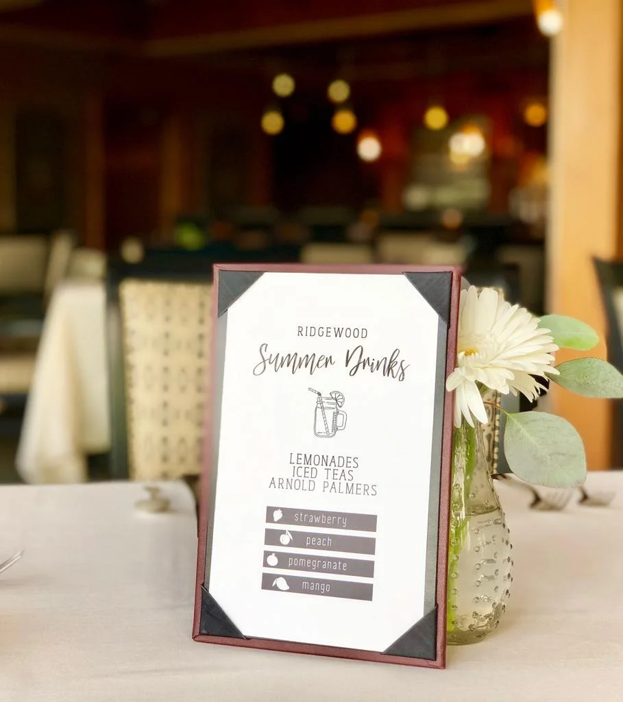  During my months serving in the Ridgewood Restaurant, I’ve become the in-house copy editor and graphic designer for Shadow Ridge Country Club’s many departments. Pictured is the Summer Drink menu I designed for Club’s primary dining restaurant. 