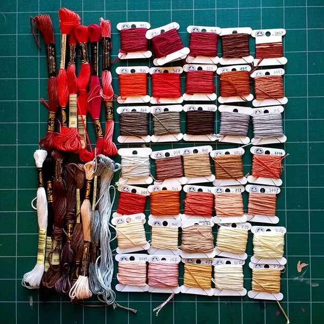 This is all the different colors I used in my most recent piece of embroidery. I tend to grab as I go, though I usually start with some foundation colors. In the beginning it was about a third of what I have pictured.
&bull;
And this is why I always 