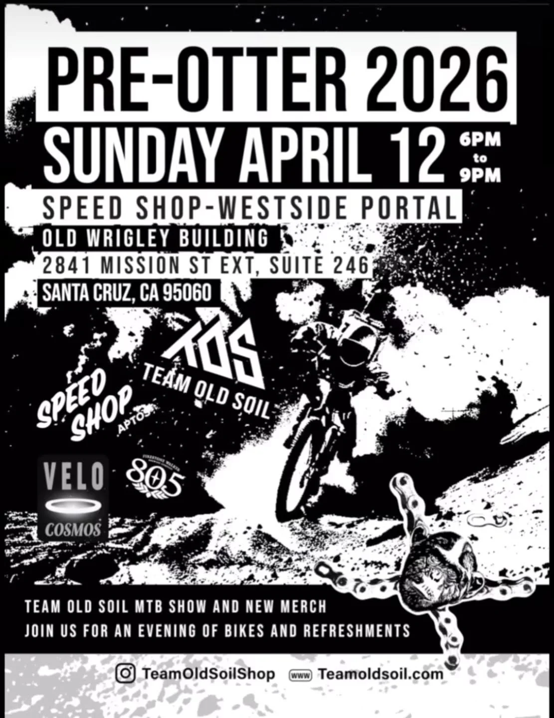 Join us for the @teamoldsoil x @speedshopaptos  Pre-Otter industry night at the new Speed Shop Westside Portal. An evening of Vintage and custom Bikes, crispy bevvies, and good vibes. Presented by @teamoldsoilshop , @dirty_sundays , Speed Shop Aptos,