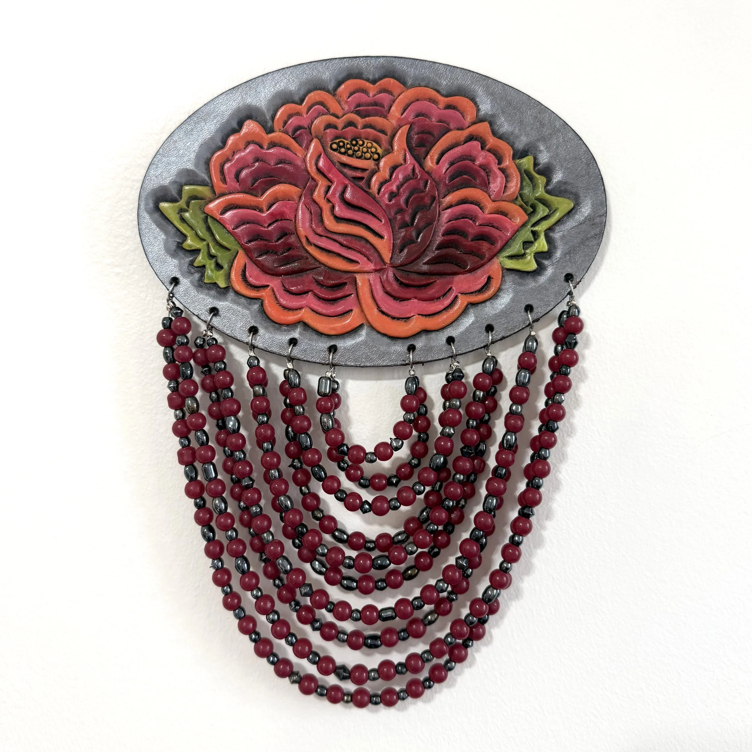 Burgundy Orange Leather Floral Panel
