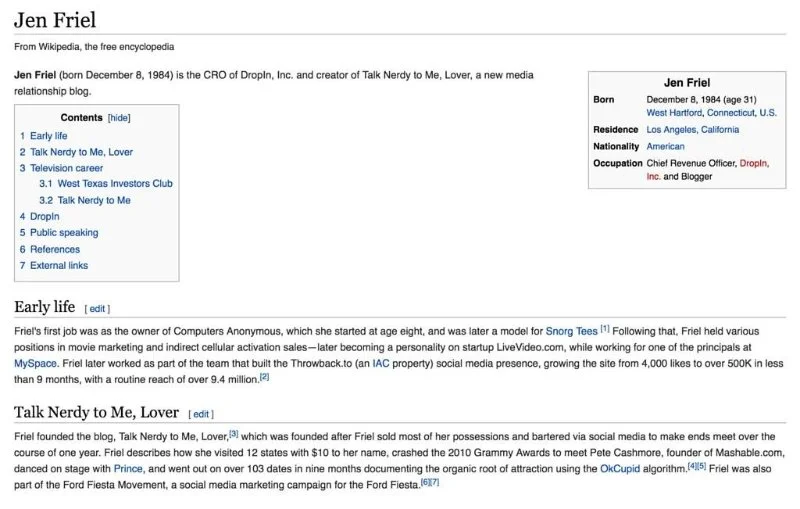 Wikipedia page, Jen Friel