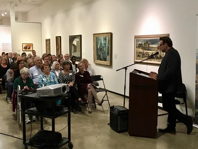 Board member and Preservation Architect, Robert Imboden, welcomes guests at the launch of Preserve Orange County, at the Hilbert Museum of California Art on November 3, 2017.