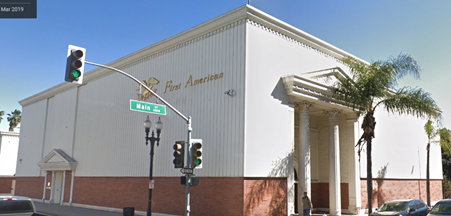 Current building at N. Main and E. 5th Street, Santa Ana. Pediment above entrance is a modern addition but the pillars are part of the 1931 building.