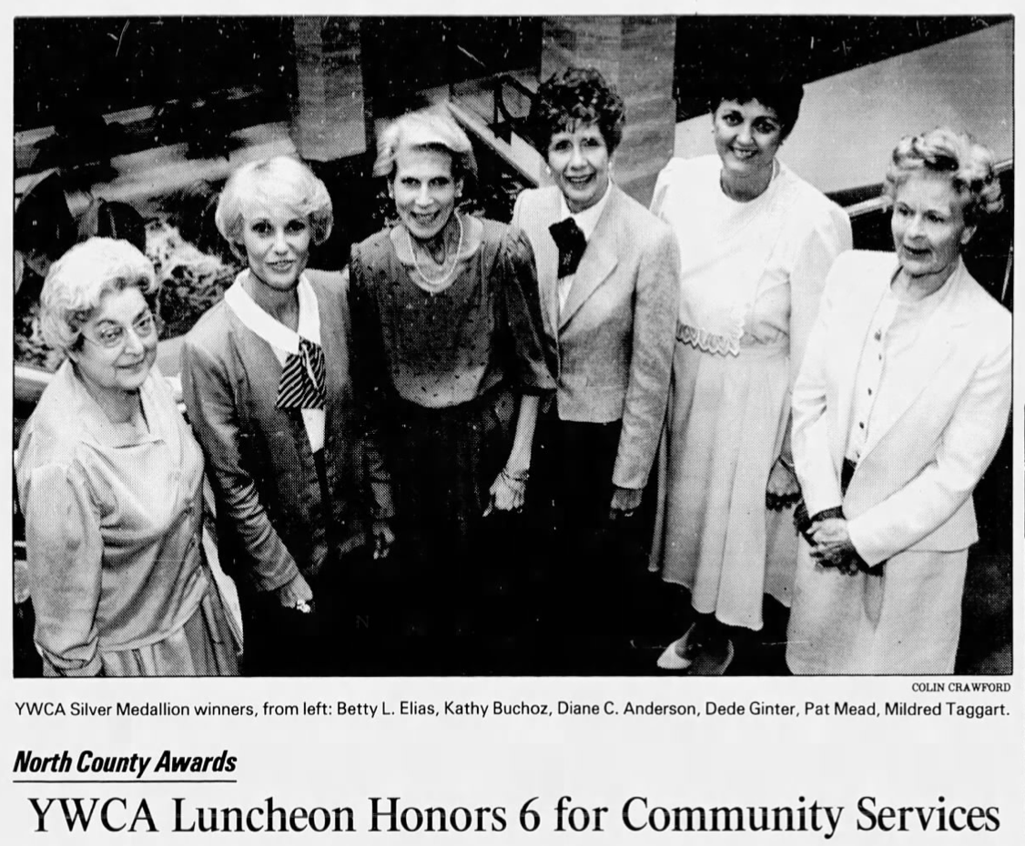  YWCA honors Mildred "Midge" Taggart, far right.  Los Angeles Times , April 3, 1985. 