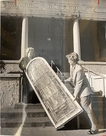  Redevelopment salvage. Diann Marsh and Midge Taggart in front of the Anaheim Carnegie Library-Museum, c. 1982. Courtesy Anaheim Heritage Center.  