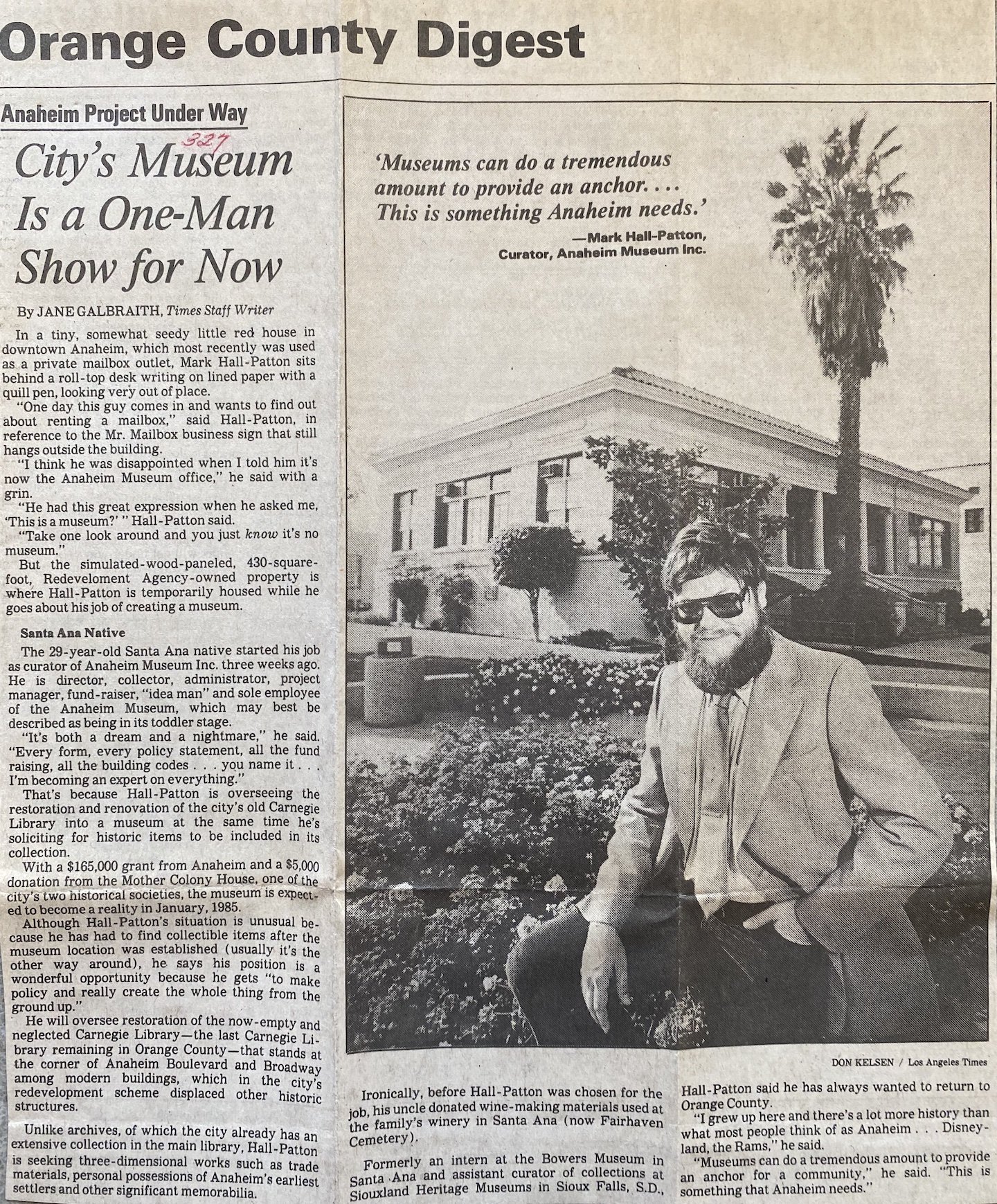  First museum employee, Mark Hall-Patton.  Los Angeles Times , March 26, 1984. 