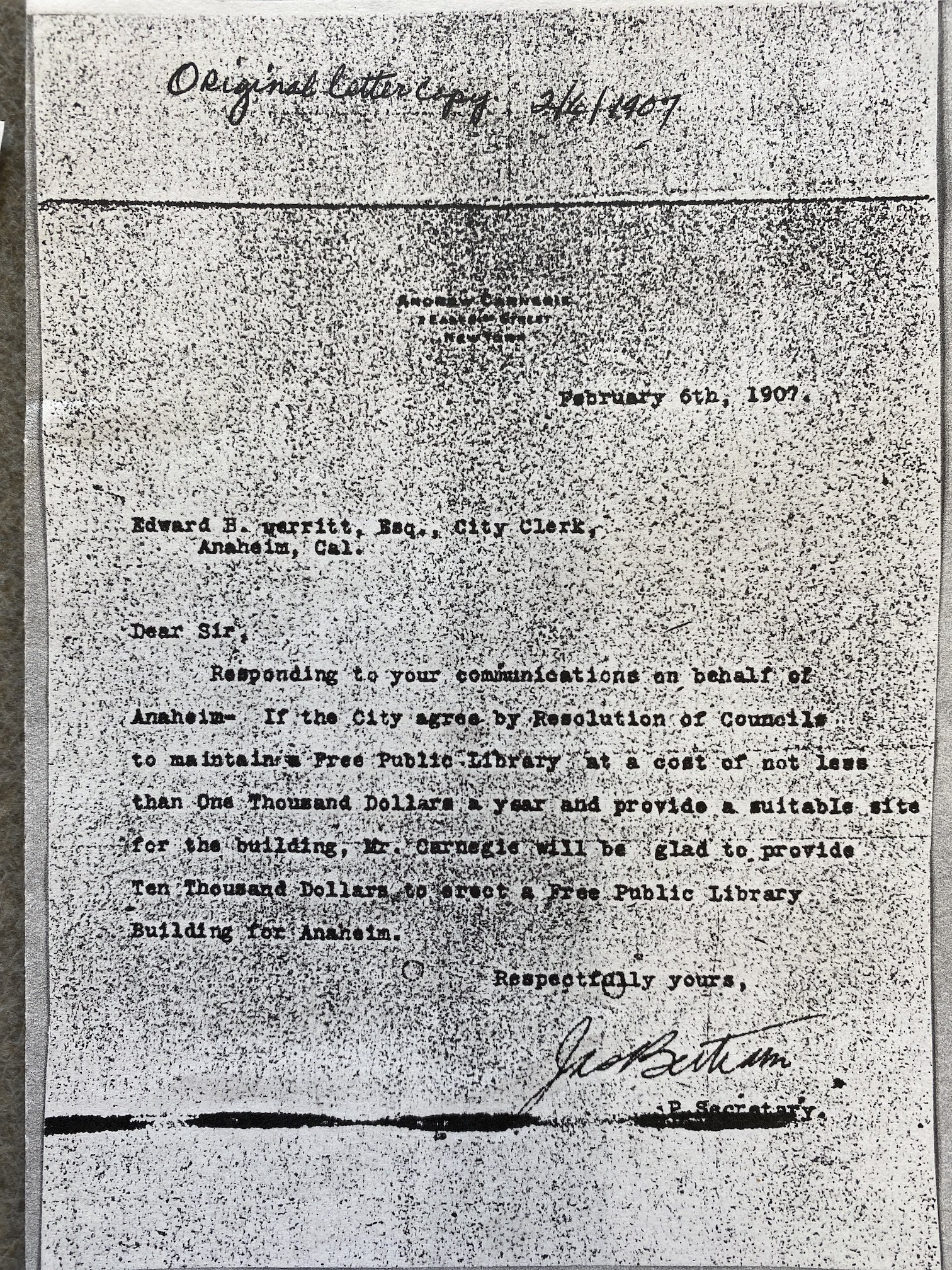 Feb. 1907 letter from Carnegie secretary to Anaheim city clerk