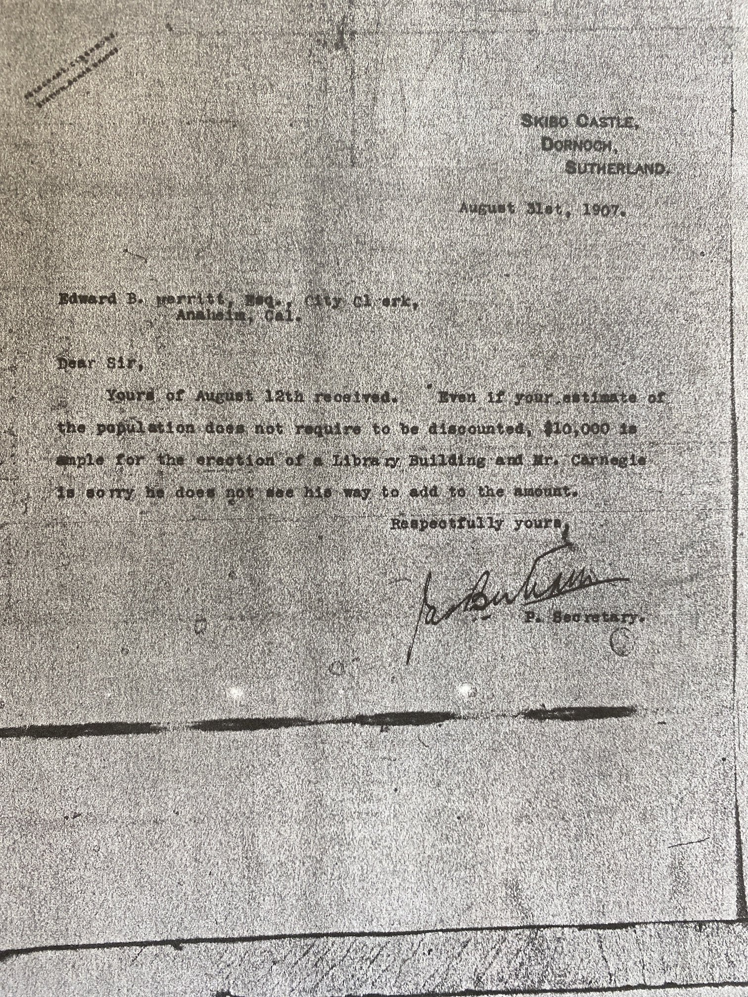 Aug. 1907 letter from Carnegie secretary to Anaheim city clerk.