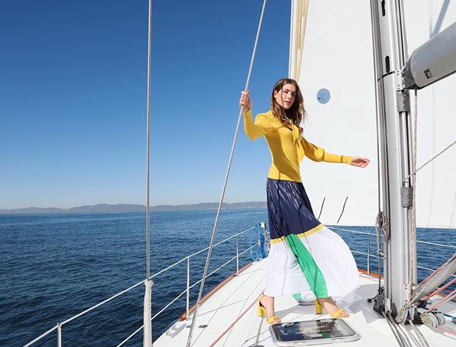 Couldn&rsquo;t have chosen a more perfect day for a sail. @manhattanvillage SS19 shoot - lovely model @thesaladslayer wearing @macys | MUA: @martine__leblanc .
.
#fashionphotography #oceanlover #bluesky #nauticalstyle #notabadlife #californialiving #