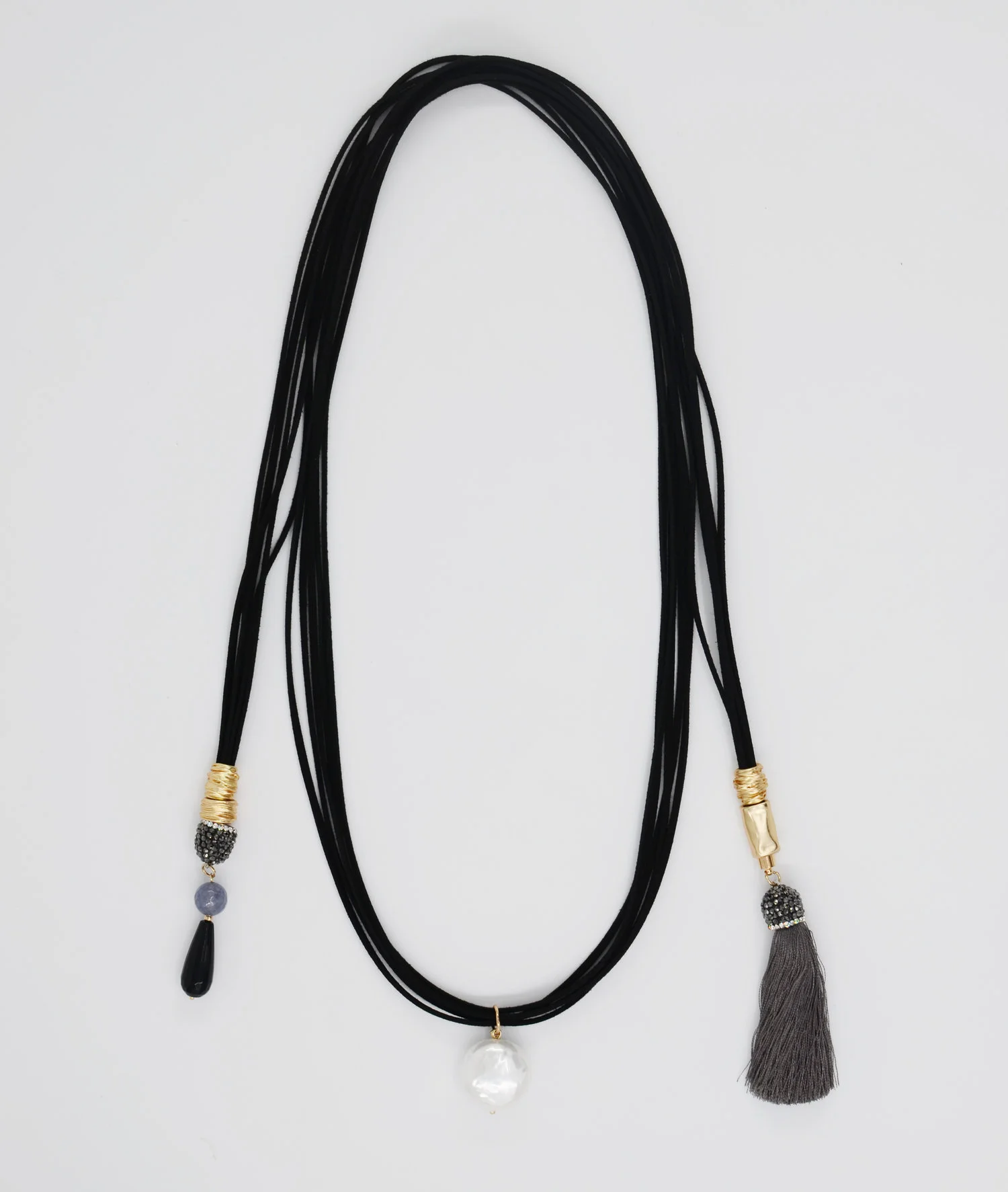 LOLA Suede, Dust Pearl, Natural Stone, Matt Gold Plated Brass, Grey Tassel, Length 64 CM, Stones and Pearls Approx. 1 CM