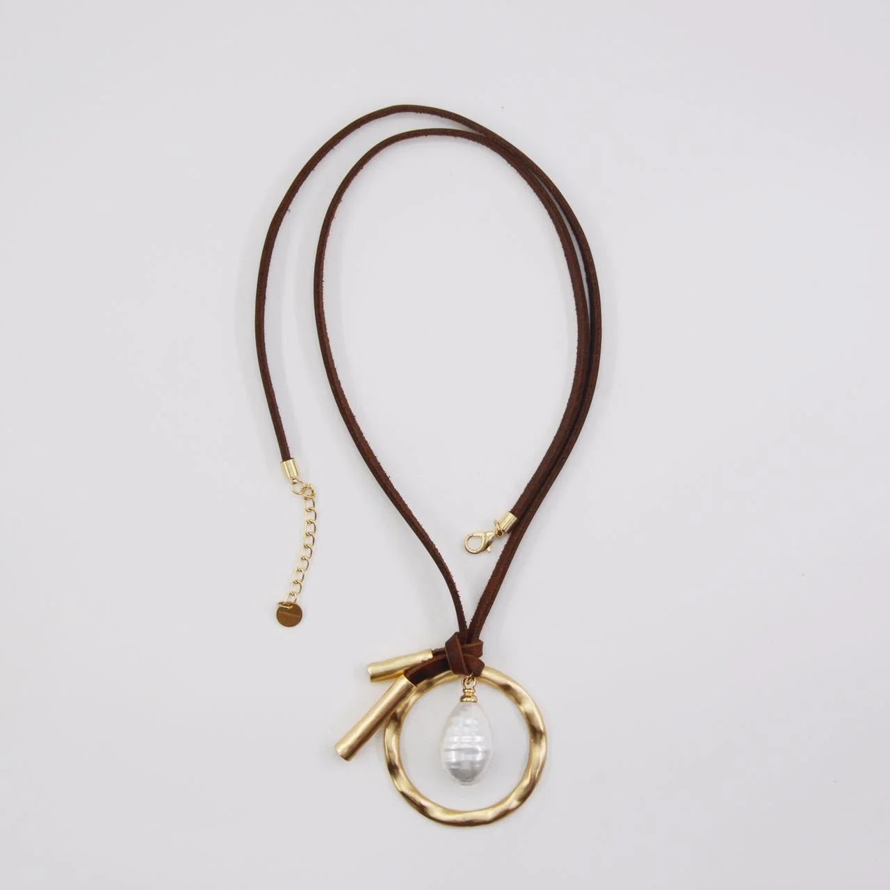 LISA Real Leather, Dust Pearl, Matt Gold Plated Brass, Lobster Clasp, Length 48 CM, Pendant Size 6.5 CM