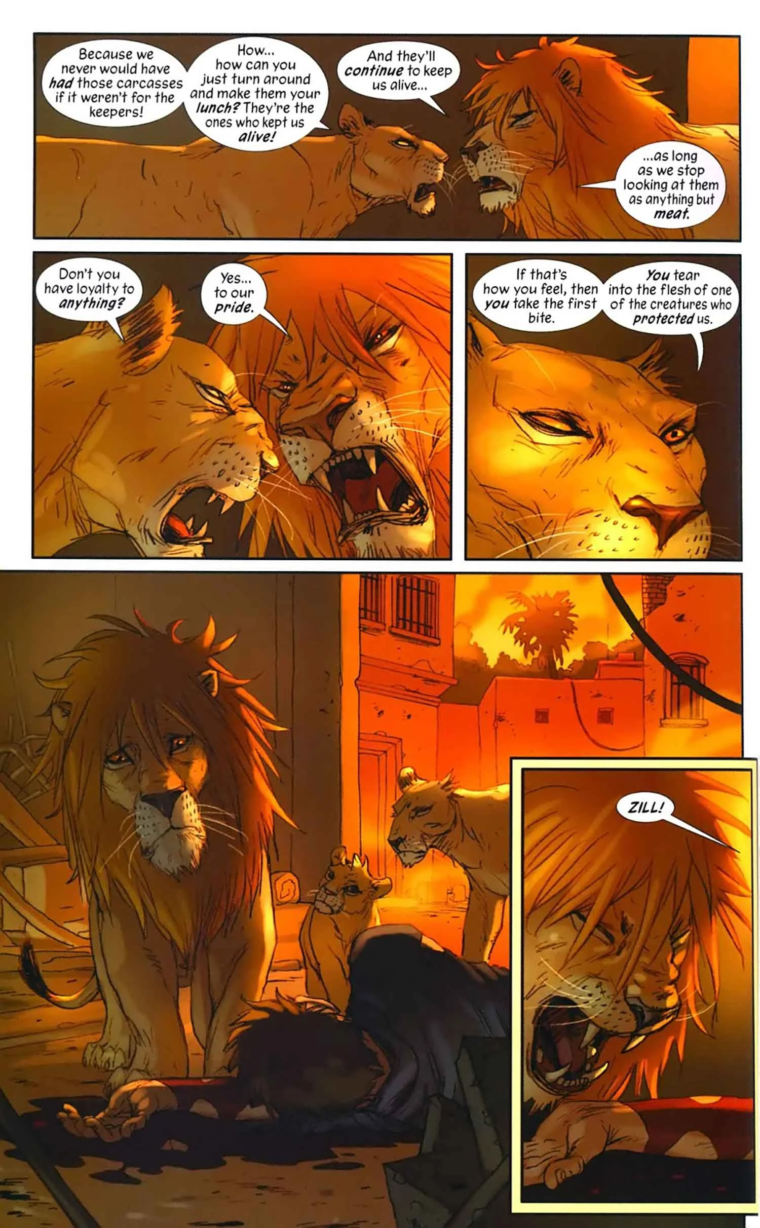 Frame from the graphic novel Pride of Baghdad by Brian K. Vaughan and Niko Henrichon
