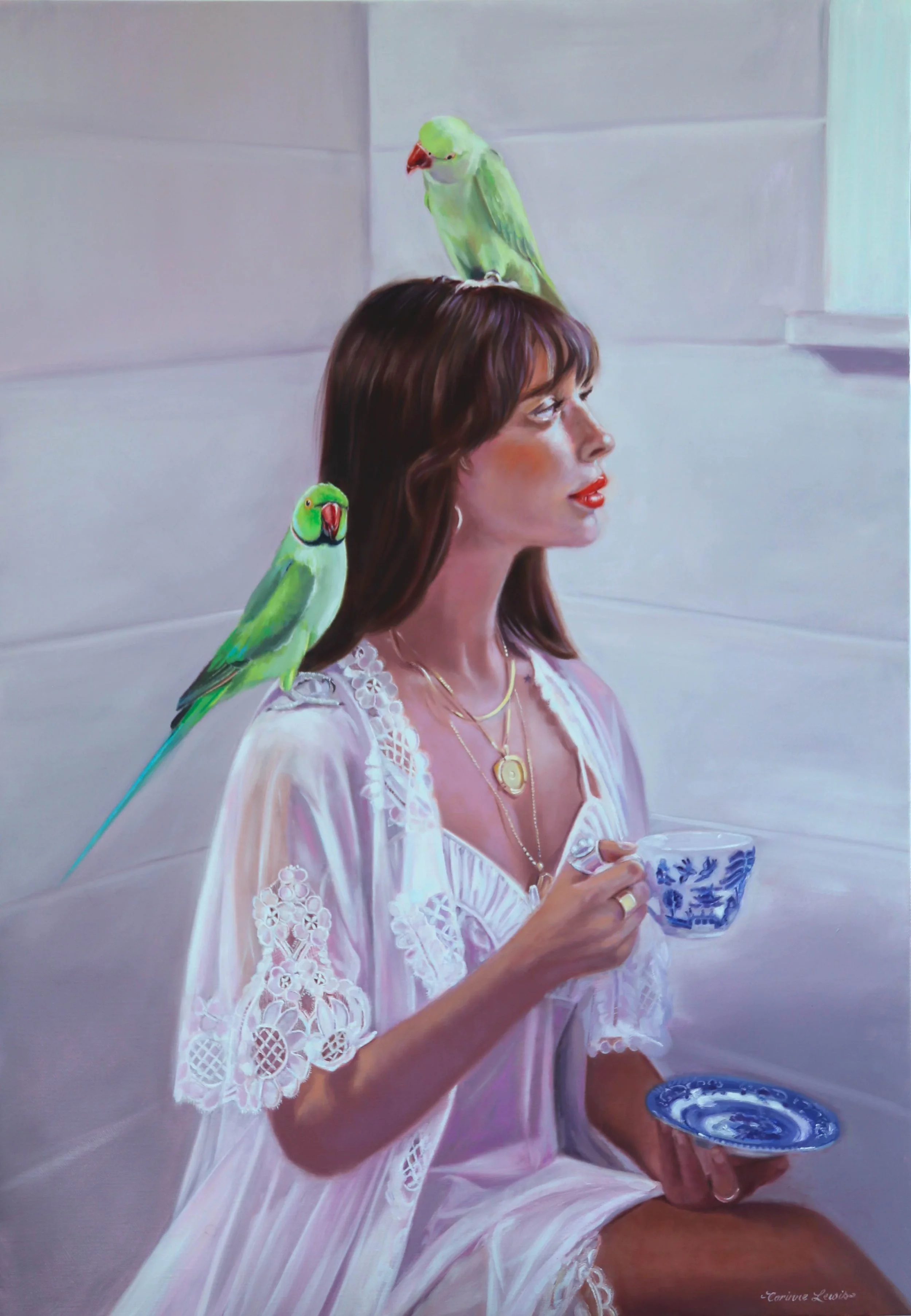 Tea For Three, Oil on linen, 97 x 65cm © Corinne Lewis 2025