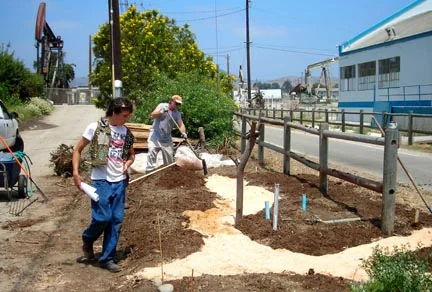 Daniel working on layout while Duke spreads the sawdust for the path.