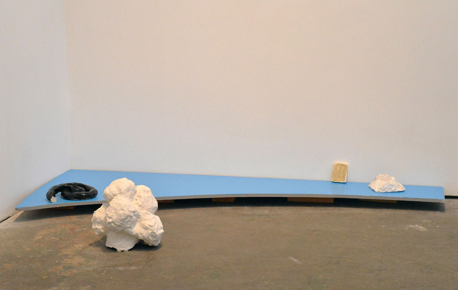   Untitled Floor Piece , 2014, glazed porcelain, glazed and painted ceramic, latex house paint, MDF, acrylic paint, 3.5 x 62 x 26 inches 