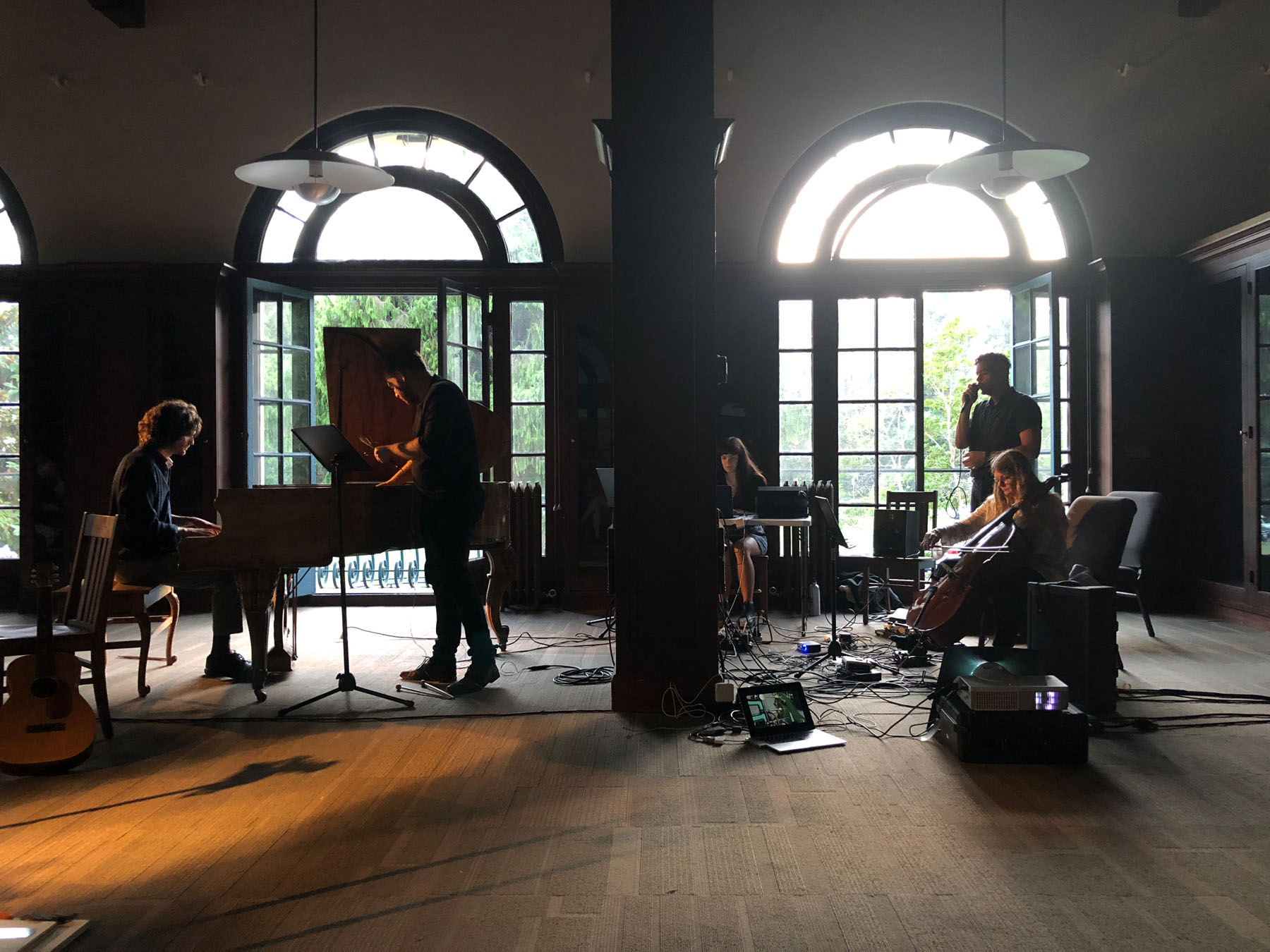   The Bender Room , performance detail,  Stains for Cello and Piano  featuring Kris Force with Brendan Glasson, Sally Decker, Tony Gennaro, and Roco Córdova 