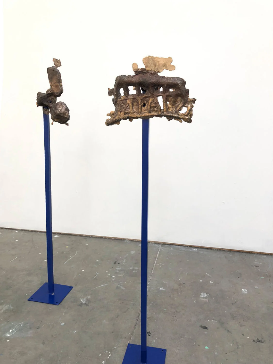 Throat and Ear (instrument) , 2018, bronze, painted steel, 45 x 10 x 12 inches Stain Traveling Backwards (instrument) , 2018, bronze, painted steel, 46 x 13 x 12 inches
