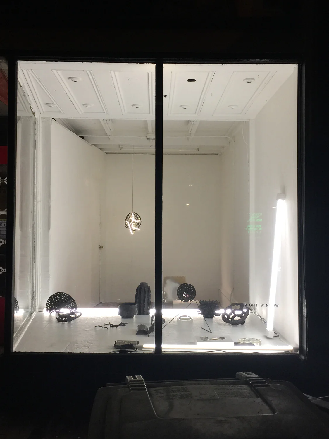   Vases and Hallucinations , 2015, glazed and unglazed ceramic, porcelain, LED lights, black yarn, crystal ball, glass prism, flashe on digital chromogenic print, cinefoil, painted steel, latex and metallic spray paint on acrylic, cast glass, laser p