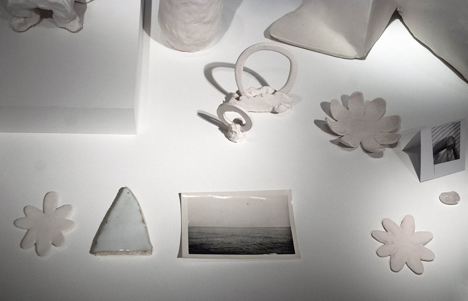   Land, Sea, Air,  installation detail, 2013, glazed and unglazed ceramic, photograph, laser print, silicone, 11 x 36 x 19.5 inches 