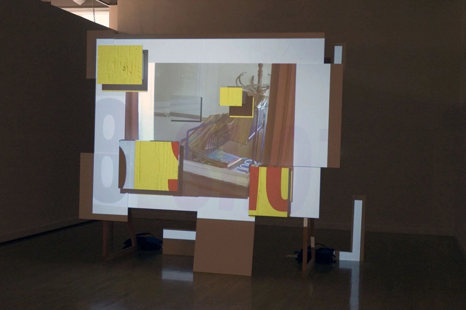   There to Here,  installation view, 2006, 40-minute projected animation loop, sound, wood frame and panels, mounted wood boxes, paint, sandbags, 108 x 128 x 48 inches 