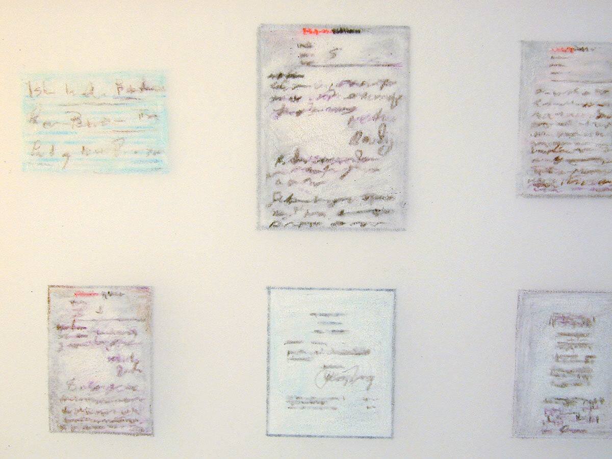   Important Documents , (detail) 2000, colored pencil on vellum, label, tape, 6 x 8 inches   