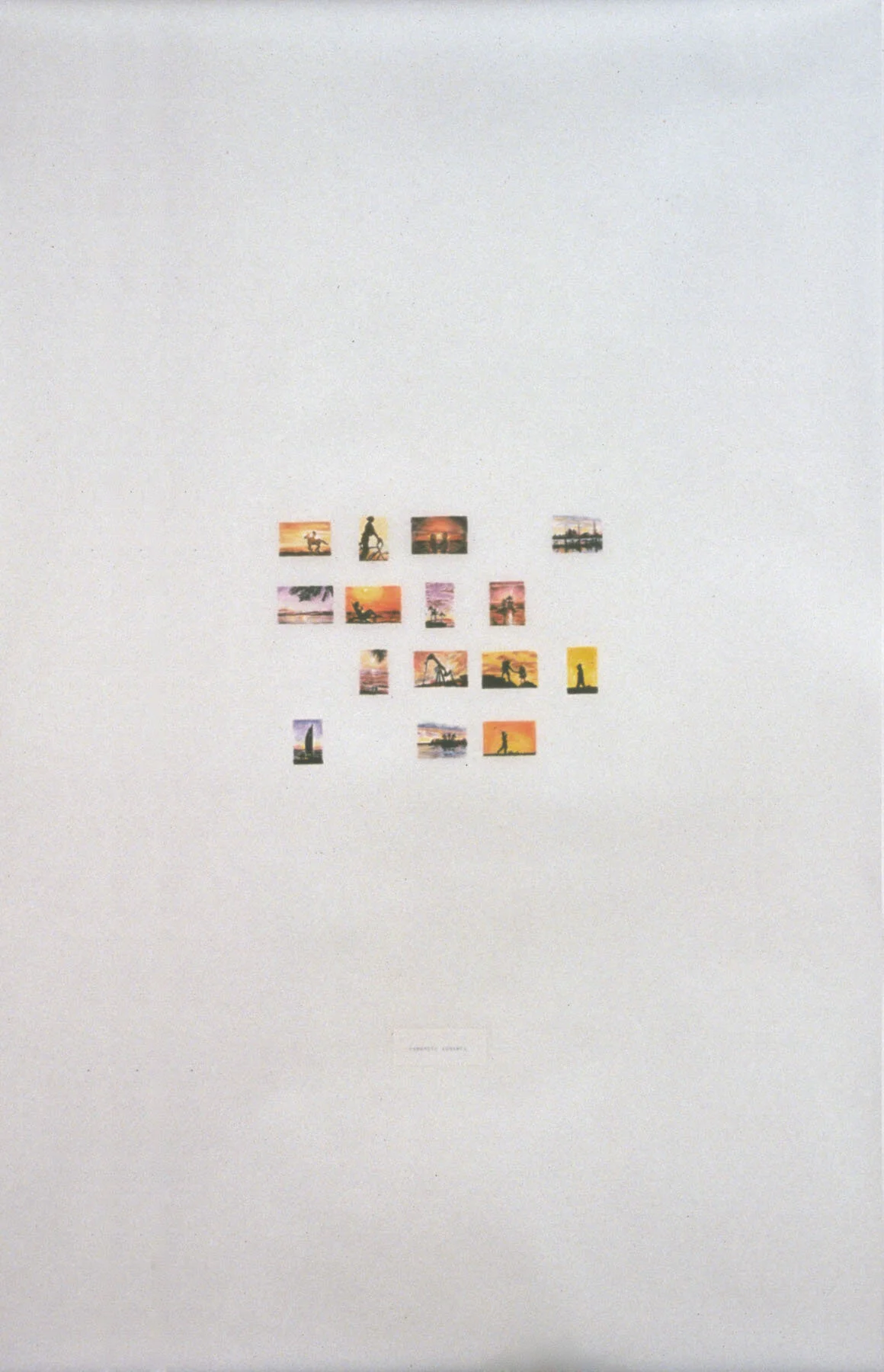   romantic sunsets , 1999, colored pencil on vellum, label, tape, 38 x 25 inches 