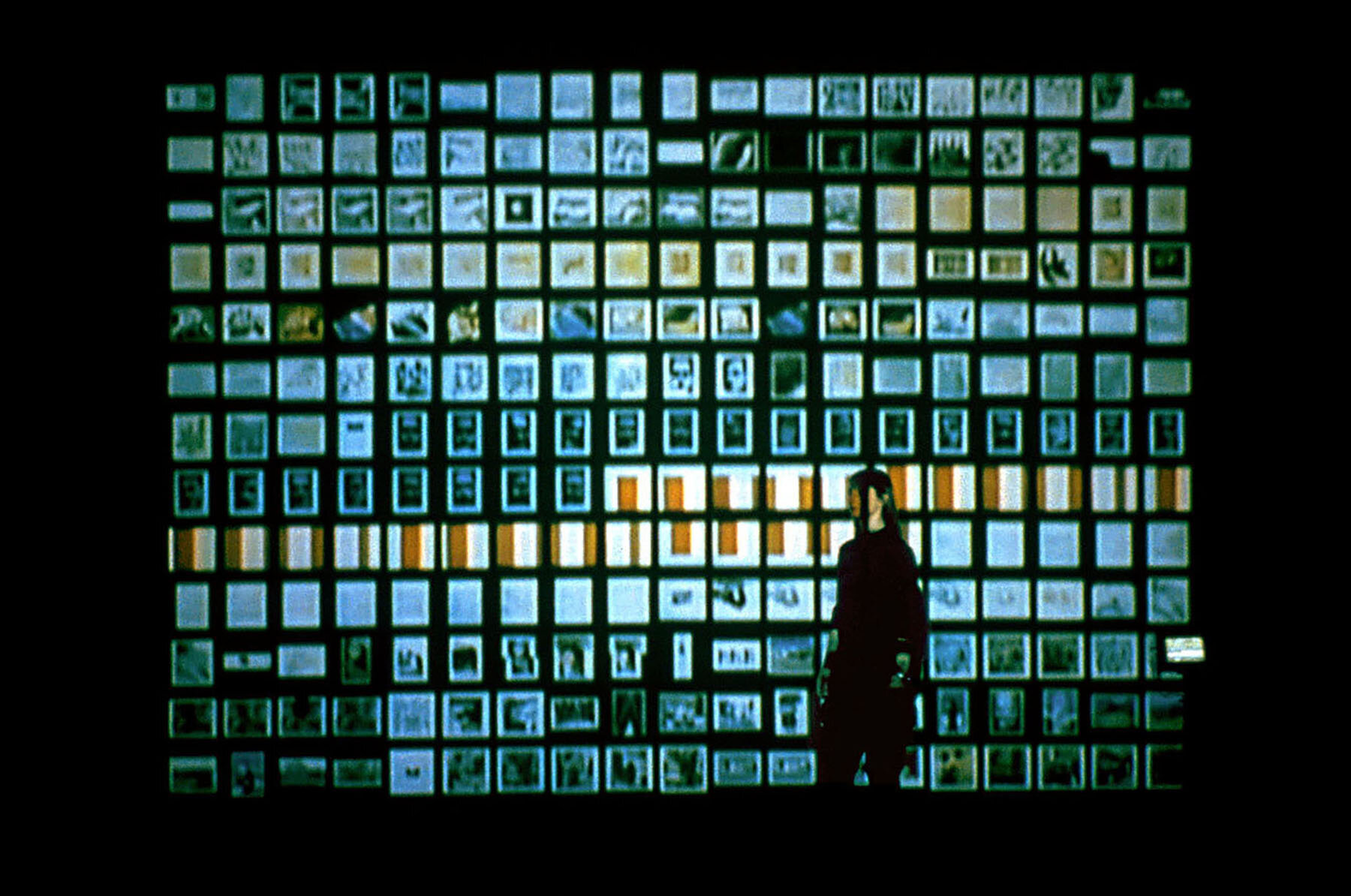   The Collection (descending) , 1999, 14-minute projected digital movie loop with sound, 5-inch LCD monitor on stand, speakers, 144 x 185 x 40 inches 