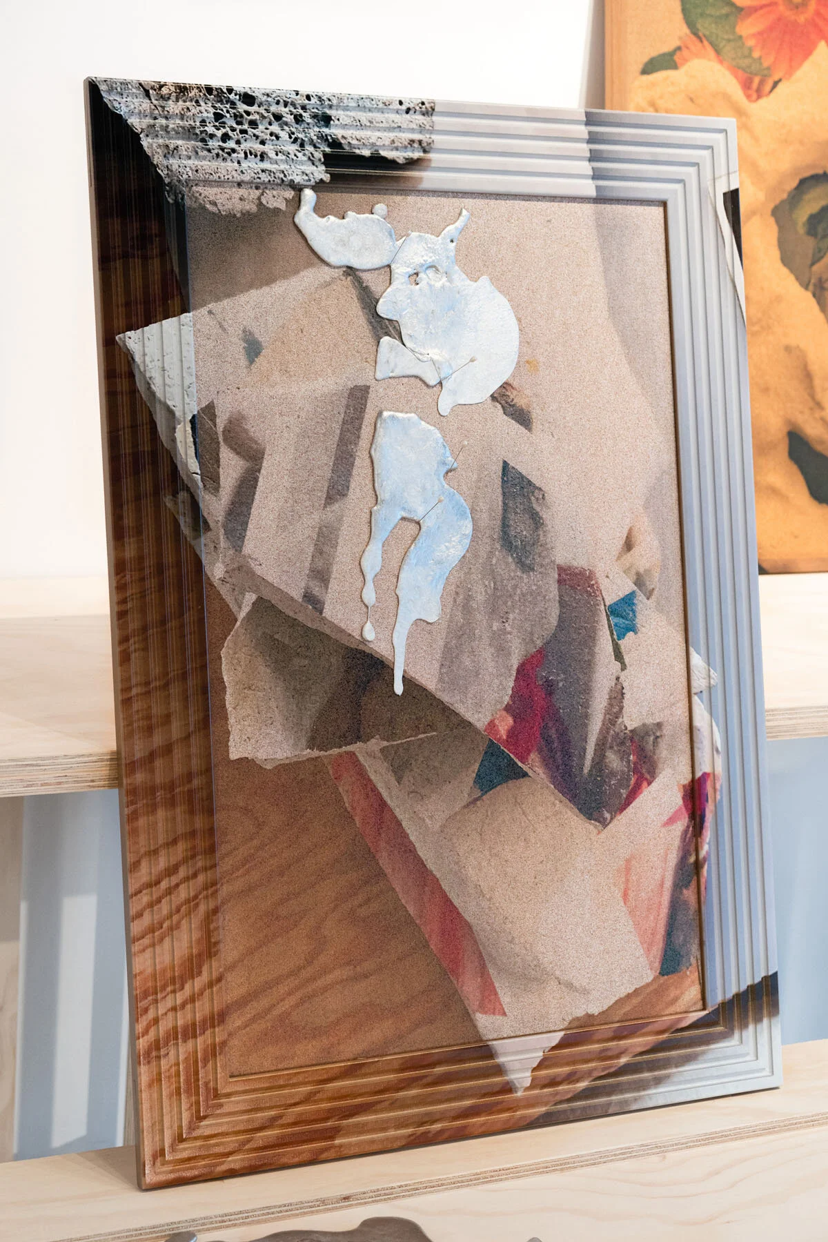   Libretto , 2019, acrylic on artist frame and cork board, poured aluminum, pearl head pins, 39.5 x 27.5 x 1.25 inches 