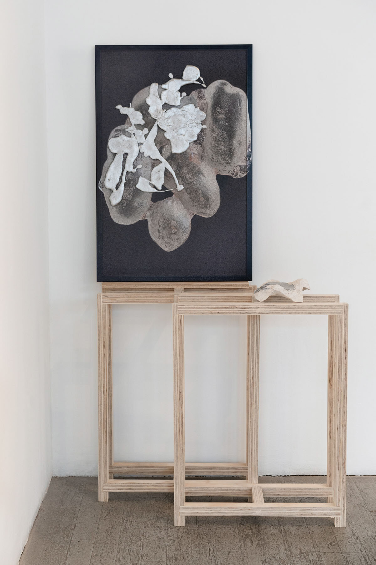   Morning with Hall Closet and Chunk of Tomorrow , 2019, acrylic on framed cork board, poured aluminum, pearl head pins, ceramic, wood, 68.5 x 35 x 21 inches 