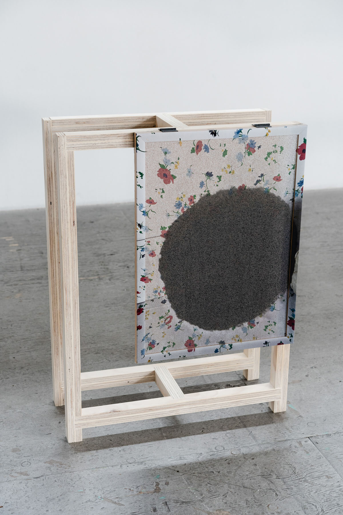   Presentation , 2019, acrylic on framed cork board, wood, hinges, spray paint, geotextile, staples, marker, 31.5 x 24 x 10.5 inches 
