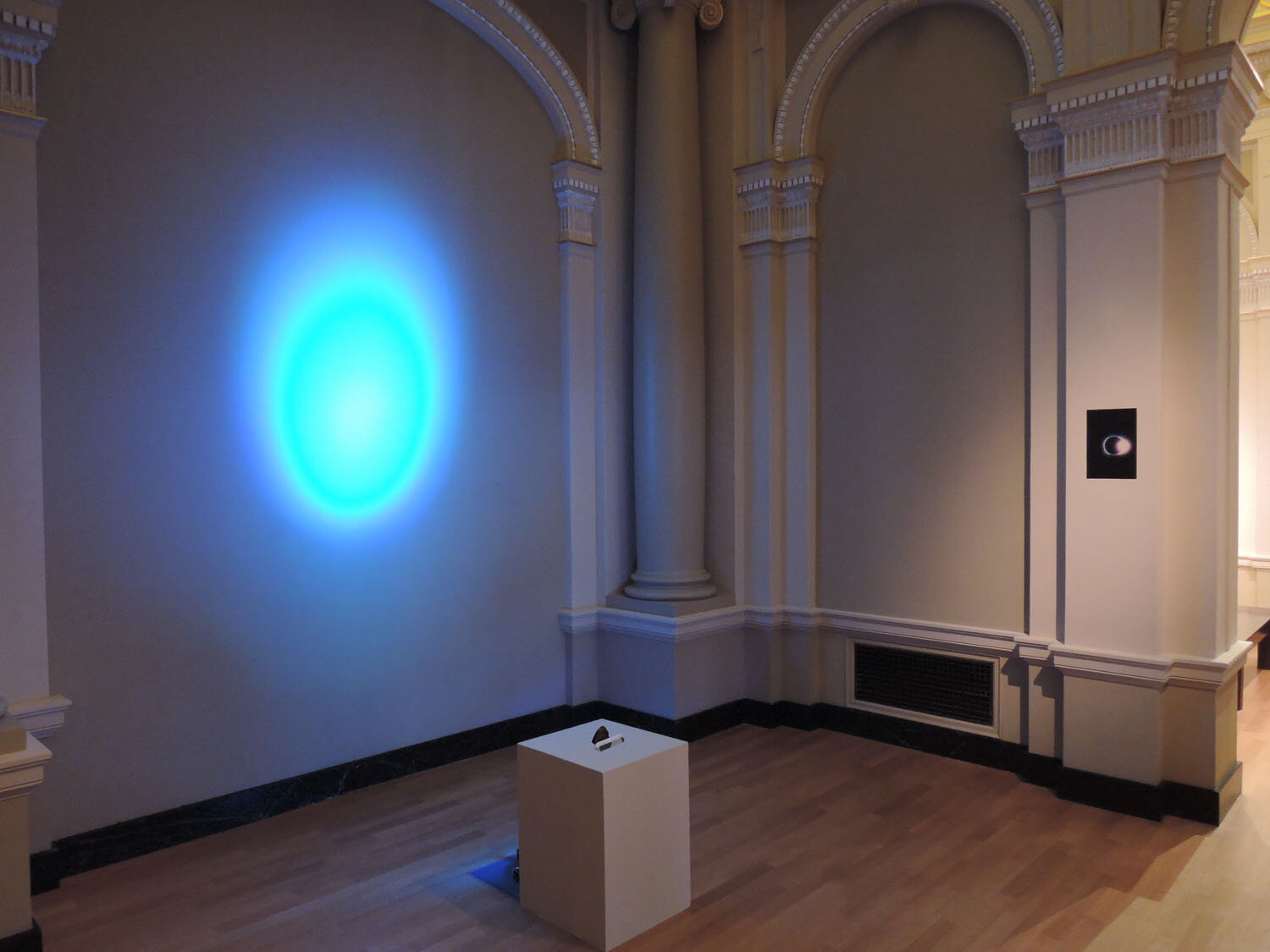   A Question of Sight , installation view, 2014, LED strobe projection, glazed ceramic, glass prism, gold chain, MDF, latex paint, acrylic, chromogenic print, 116 x 172 x 120 inches 