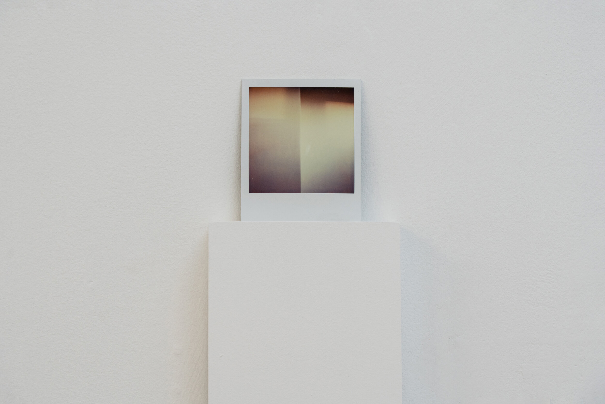   Threshold | Rebeca Bollinger and Léonie Guyer , exhibition, 2020   Untitled , (detail), 1993, 2020, Polaroid SX-70, wood, latex paint, 64 1/2 x 5 1/2 x 8 inches. Photo credit: Graham Holoch. 