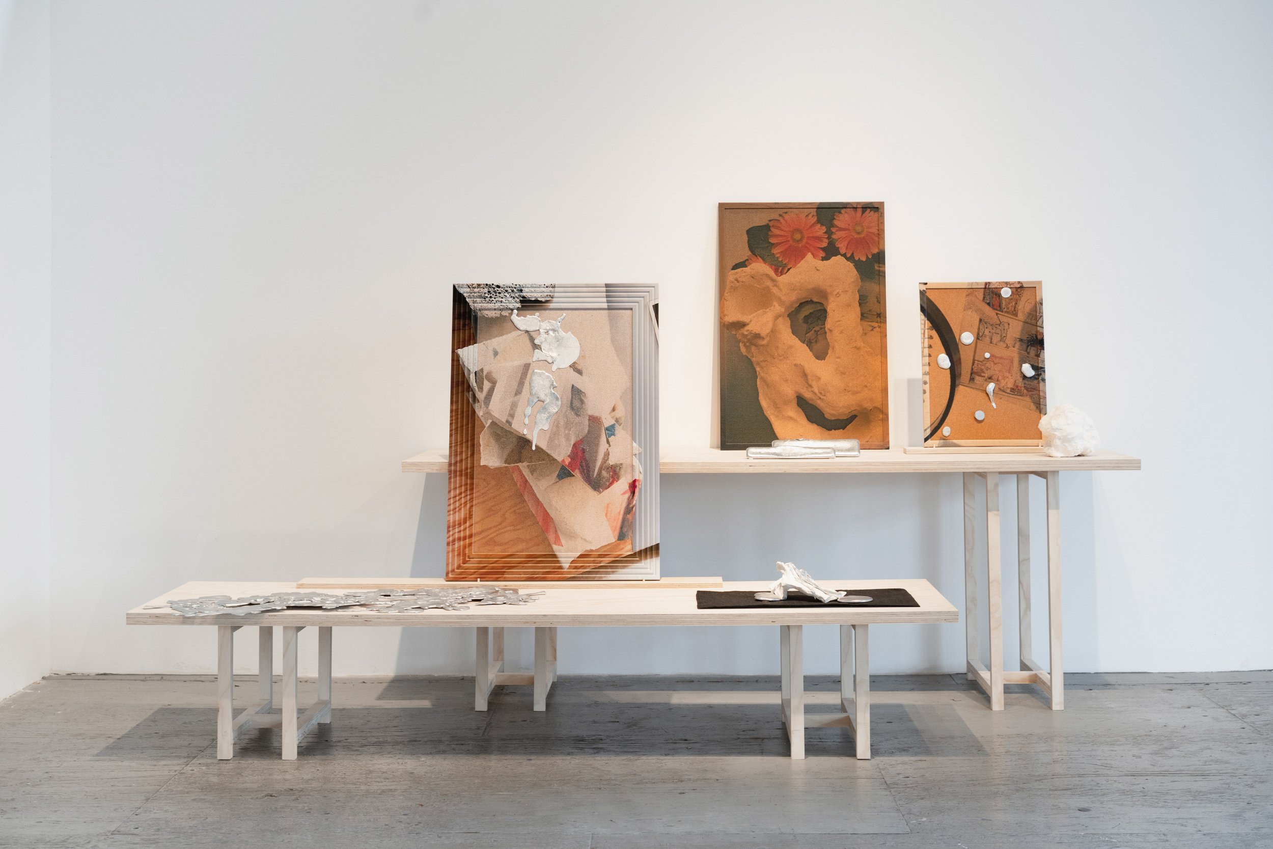   The Burrow , installation view, 2019, Acrylic on framed cork board and artist frame, poured aluminum, pearl head pins, ceramic, wood tables, dowels, geotextile, 74 x 144 x 57 inches 