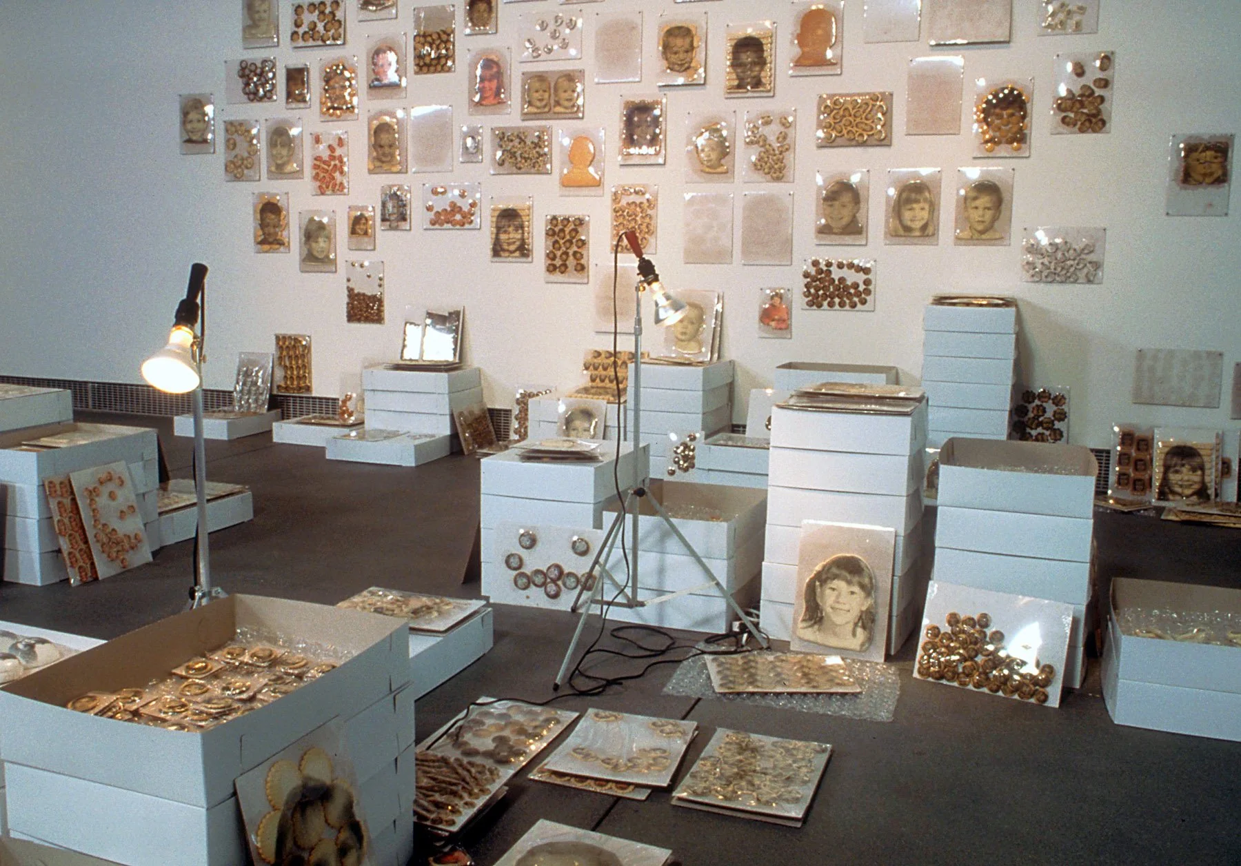   Untitled (cookies) , installation view, 1997, food coloring, ink, cookies, cardboard sheets and boxes, shrink wrap, push pins, clamp lights, aluminum stands, extension cords, color laser prints, size variable 