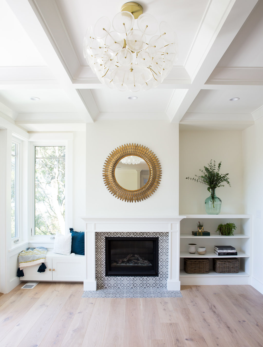 Love & Interiors Berkeley Modern Craftsman Fireplace with Cement Tile and Built-Ins and Tray Ceiling - Brass Mirror and Light.jpg