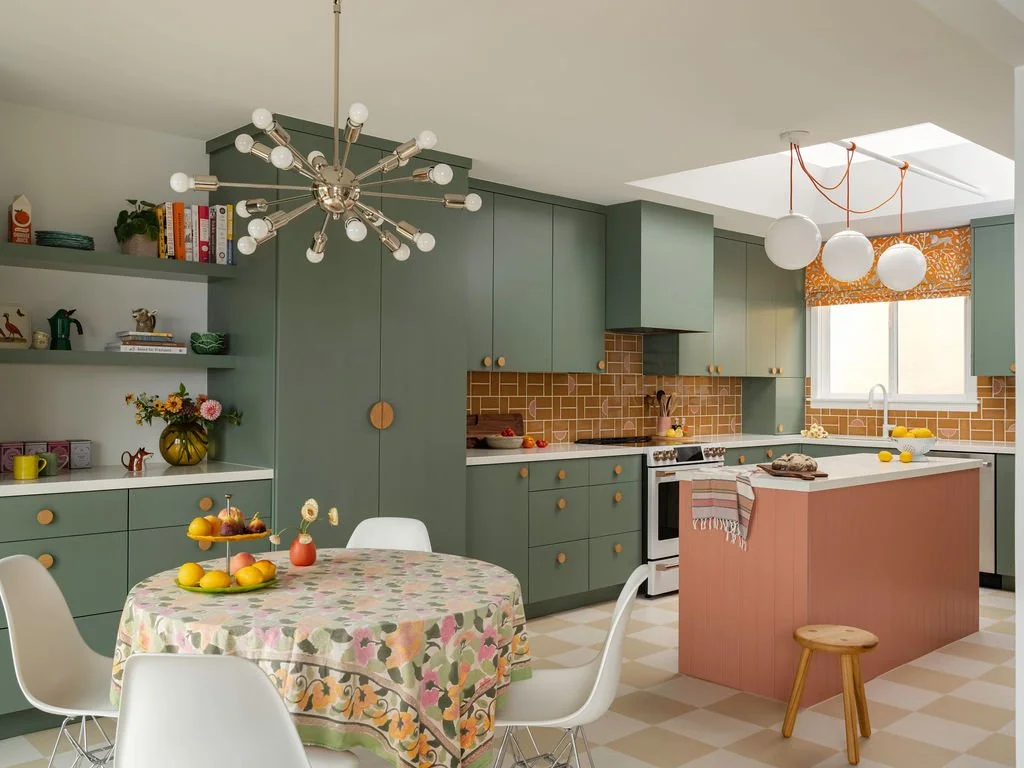 Love_and_Interiors_Kitchen_Remodel_Green_Cabinets_Pink_Island_Checkered_Floor_Dining_Skylight.jpg