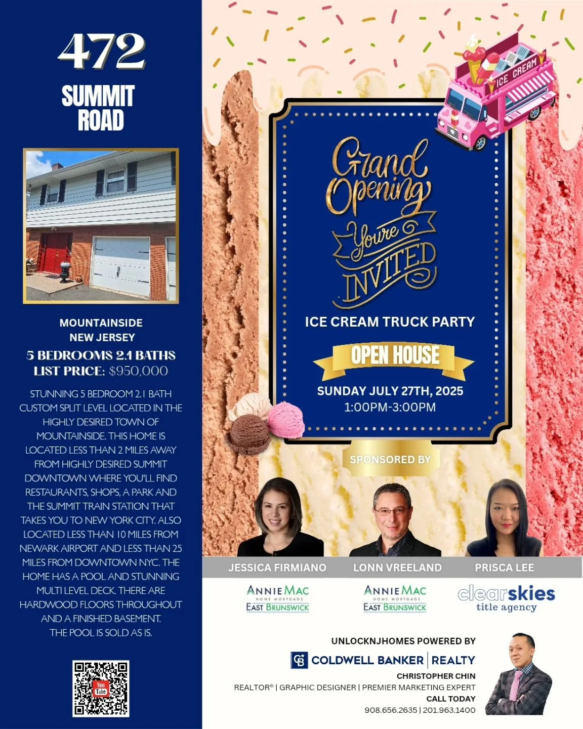 It will be an ice cream party this upcoming Sunday at my brand new listing at 472 Summit Road in the highly desired town, Mountainside. This 5 beds 2.1 bathrooms custom home is listed at $950,000. You dont want to miss this opportunity.

#Unlocknjhom