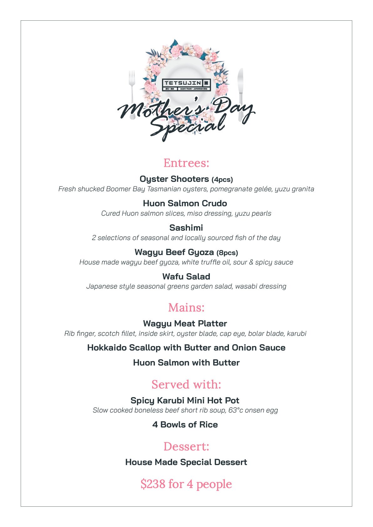 Tetsujin Mother's Day Special Menu