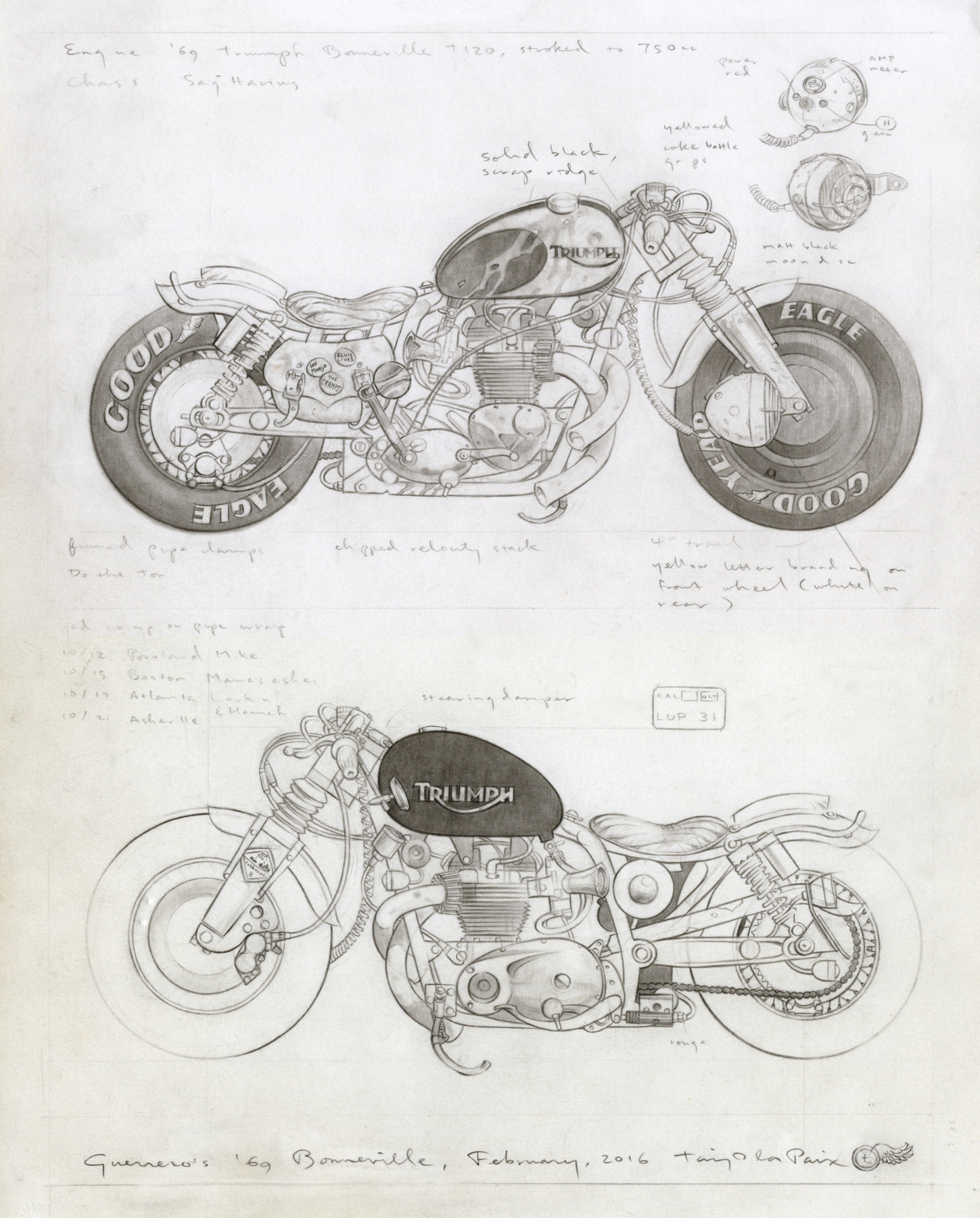 Guerrero's '69 Bonneville, 2016, pencil on paper, 14 x 11 inches