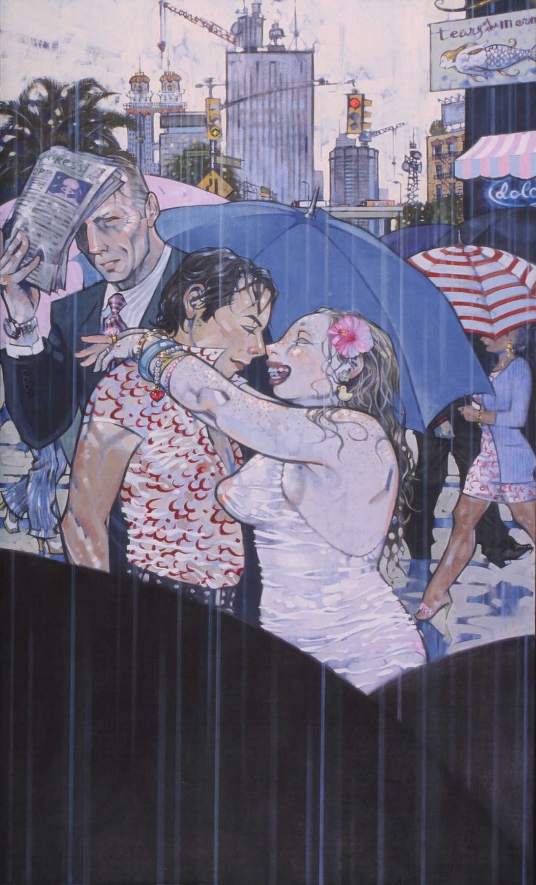 Kiss, 2002, oil on canvas, 68.5 x 40.5 inches, by Taiyo la Paix