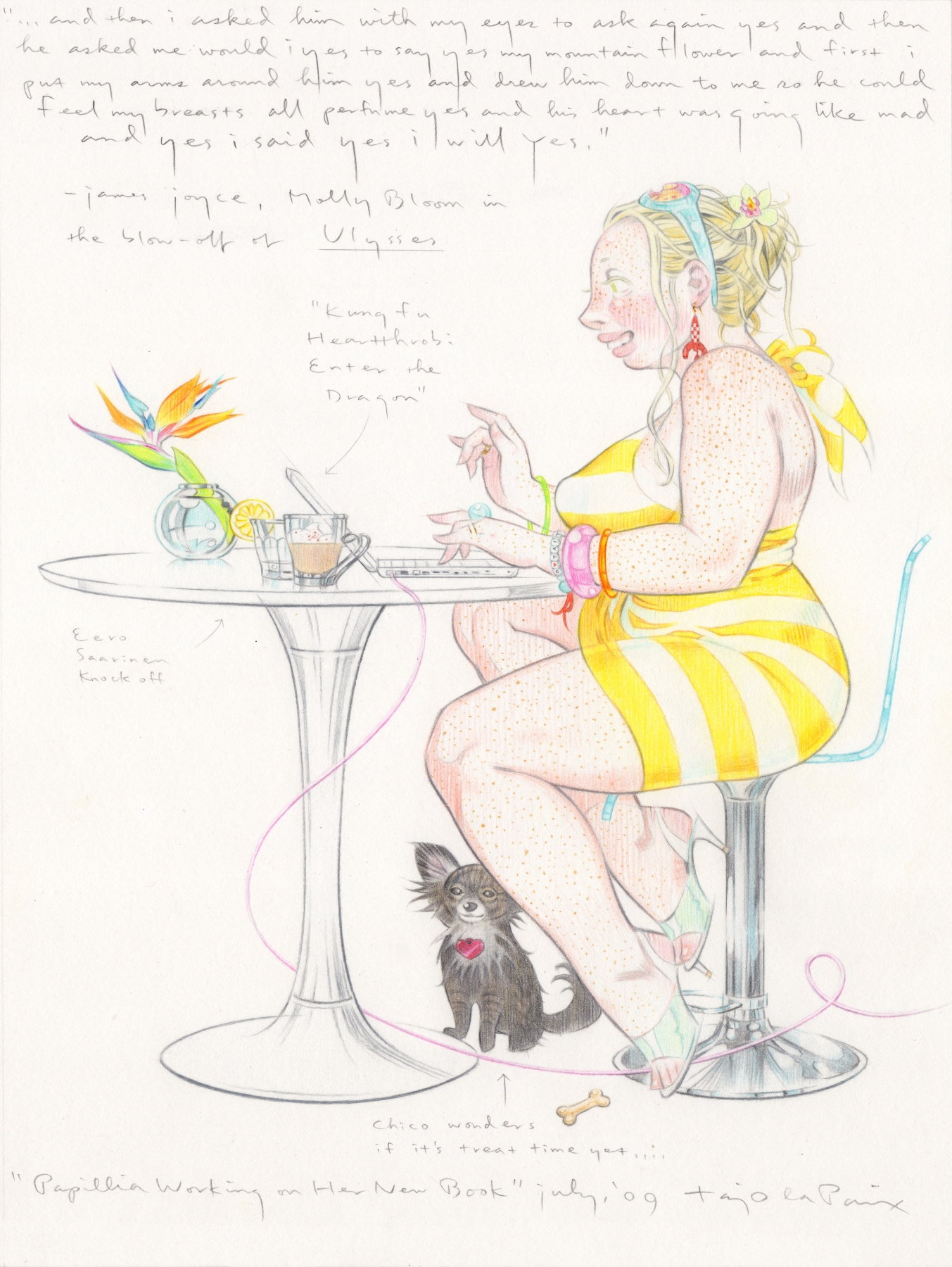 Papillia Working on Her New Book, 2009, courtesy of Kim Alderman, pencil on paper, 12 x 9 inches