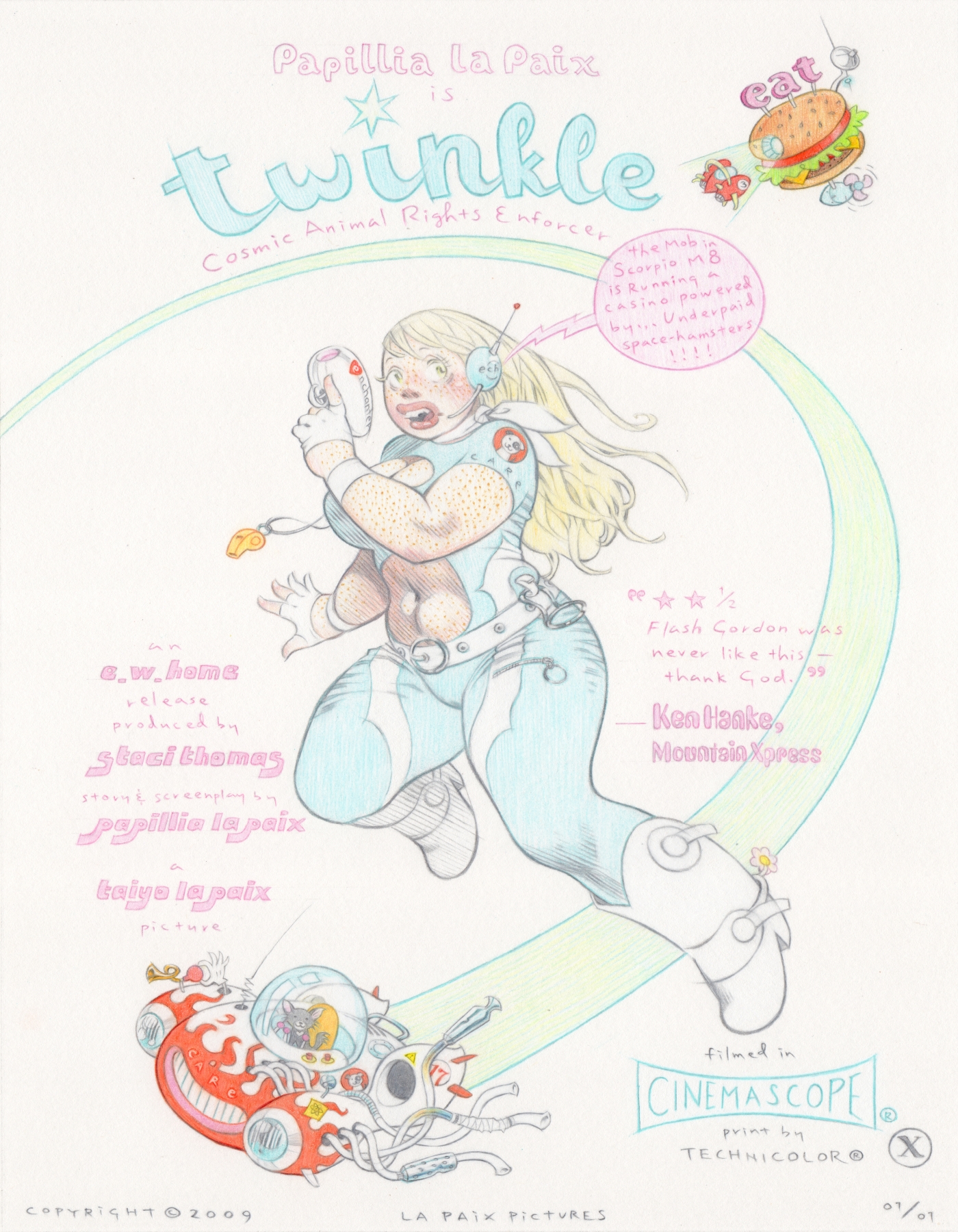 Twinkle, Cosmic Animal Rights Enforcer, 2009, courtesy of Darwin and Kathleen Stanley, pencil on paper, 11 x 8.5 inches