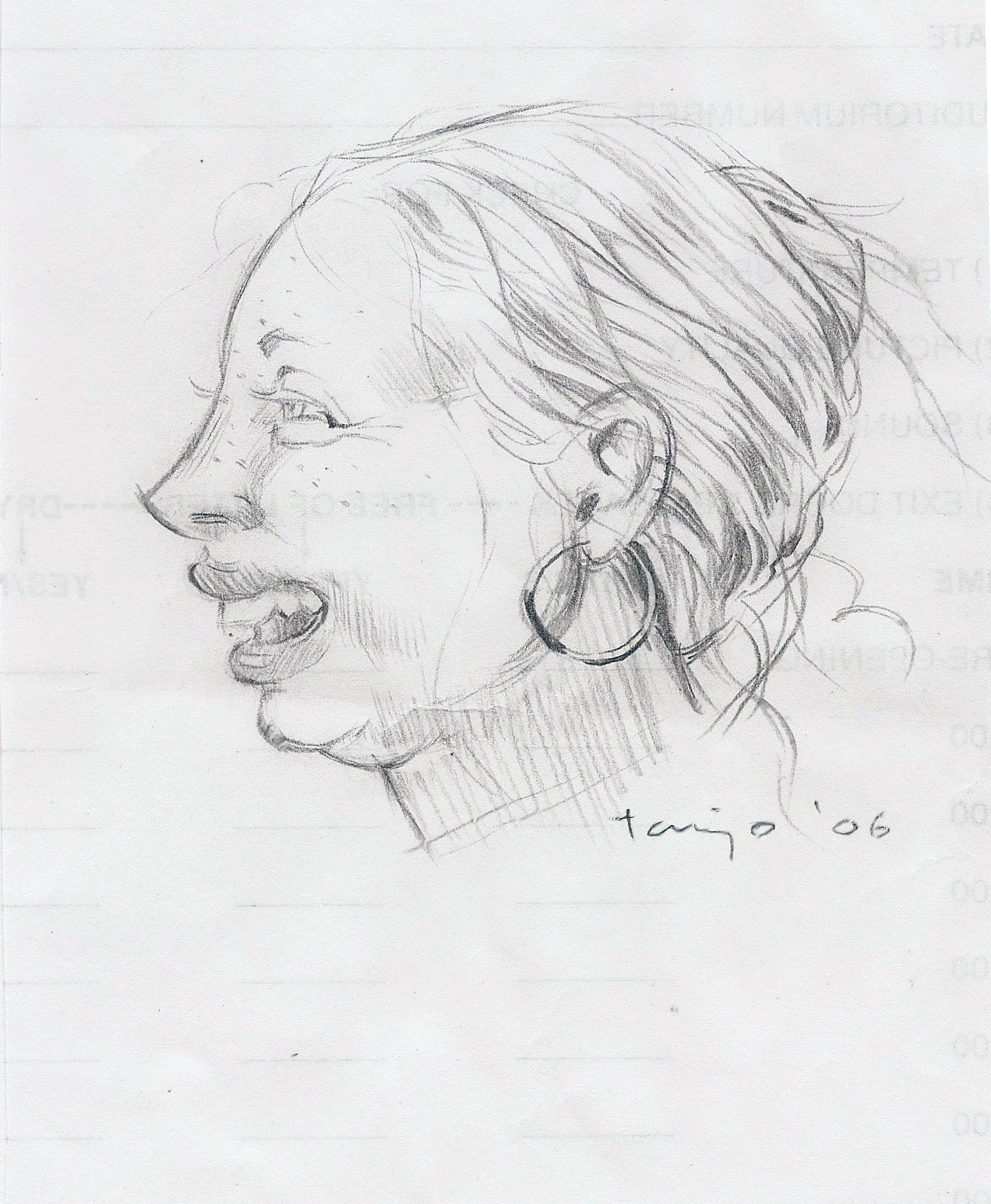 Papillia at the Carmike Ten, 2006, pencil on back of Carmike Ten’s Theater Checklist, 4 x 5 inches