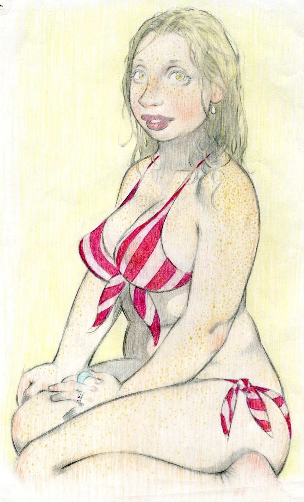 Papillia (in Red and White Striped Bikini), 2002, courtesy of Andrew Prieto, pencil on paper, 10 x 6 inches