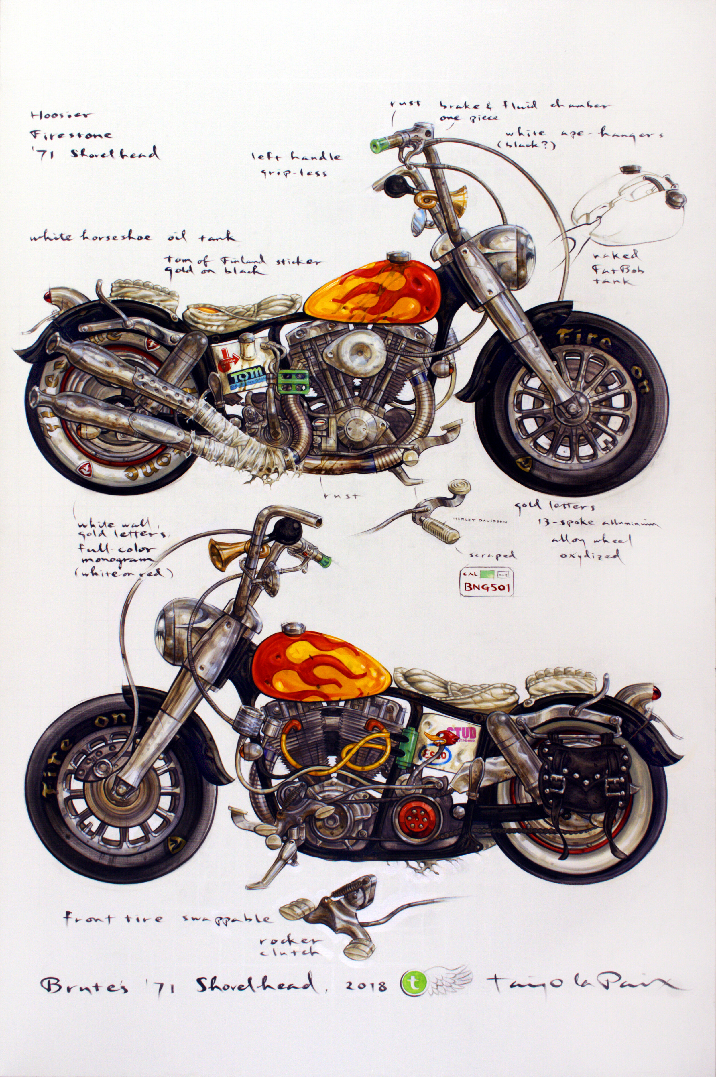 Taiyo la Paix, Brute's '71 Shovelhead, 2018, oil on linen, 66 x 44 inches, by Taiyo la Paix