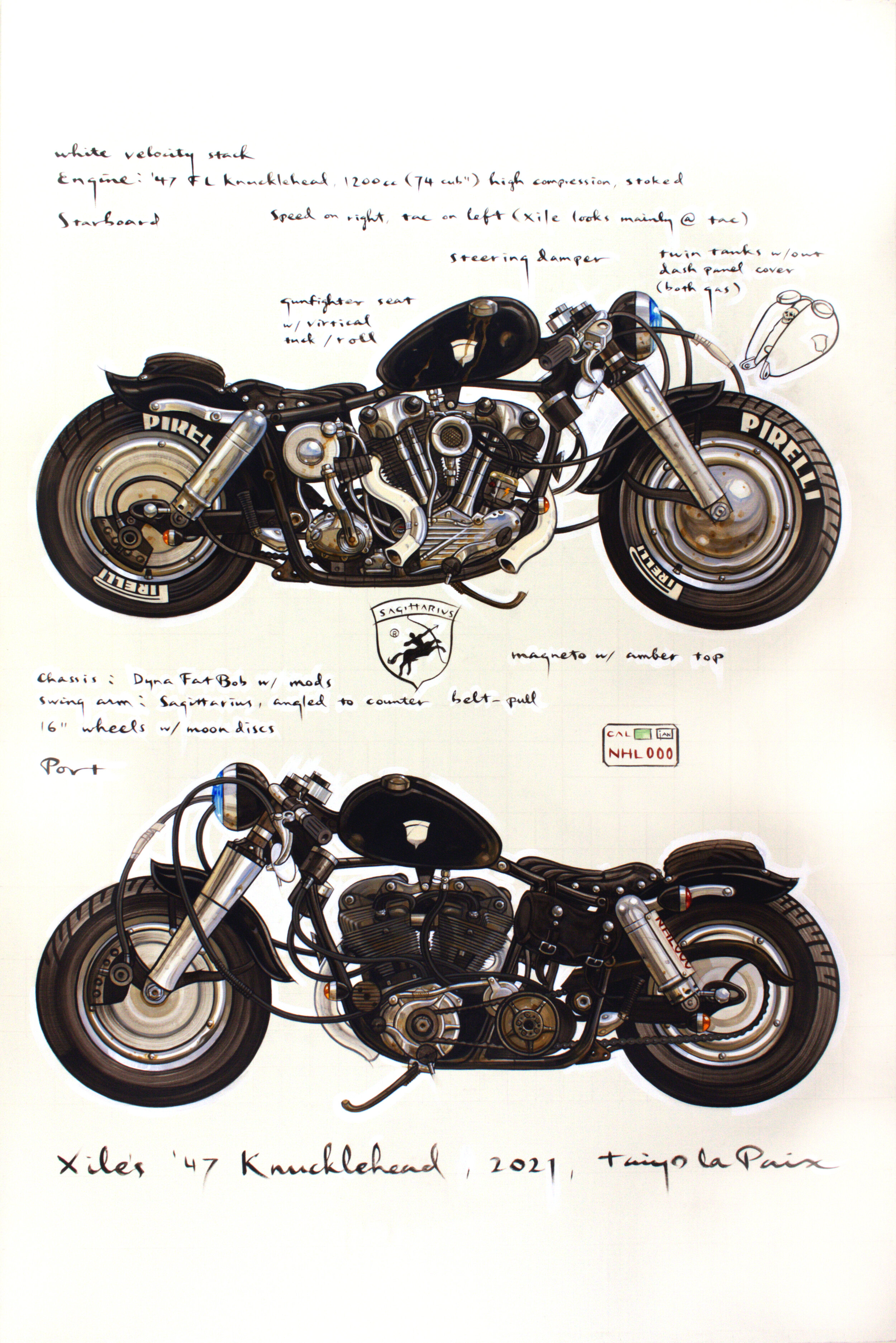 Taiyo la Paix, Xile's '47 Knucklehead, 2021, oil on linen, 66 x 44 inches