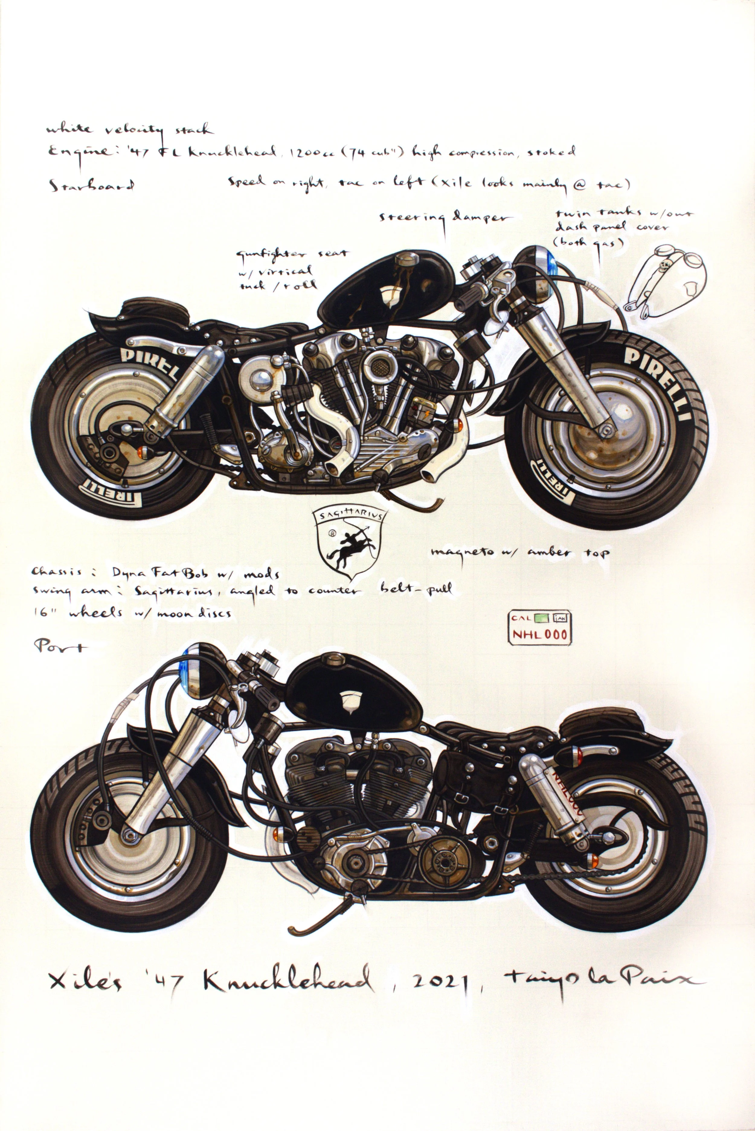 Xile's '47 Knucklehead, 2021, oil on linen, 66 x 44 inches, by Taiyo la Paix