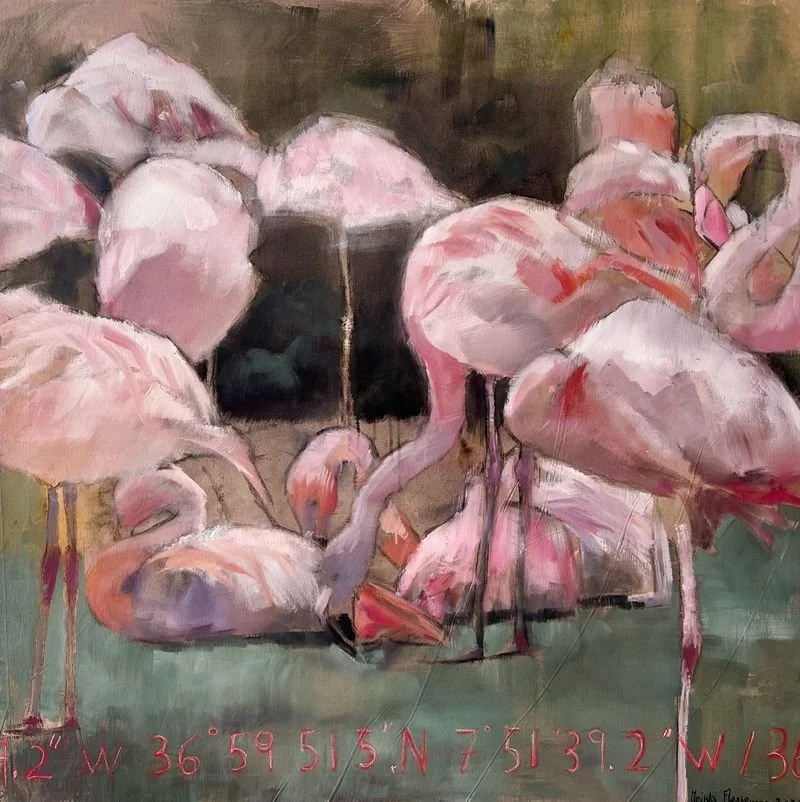 The original flamingo painting by Algarve artist Meinke Flessemen used on La-Eva's Roseum labels — a flock of pink flamingos in oils, inscribed with the Olhão coordinates along the base.