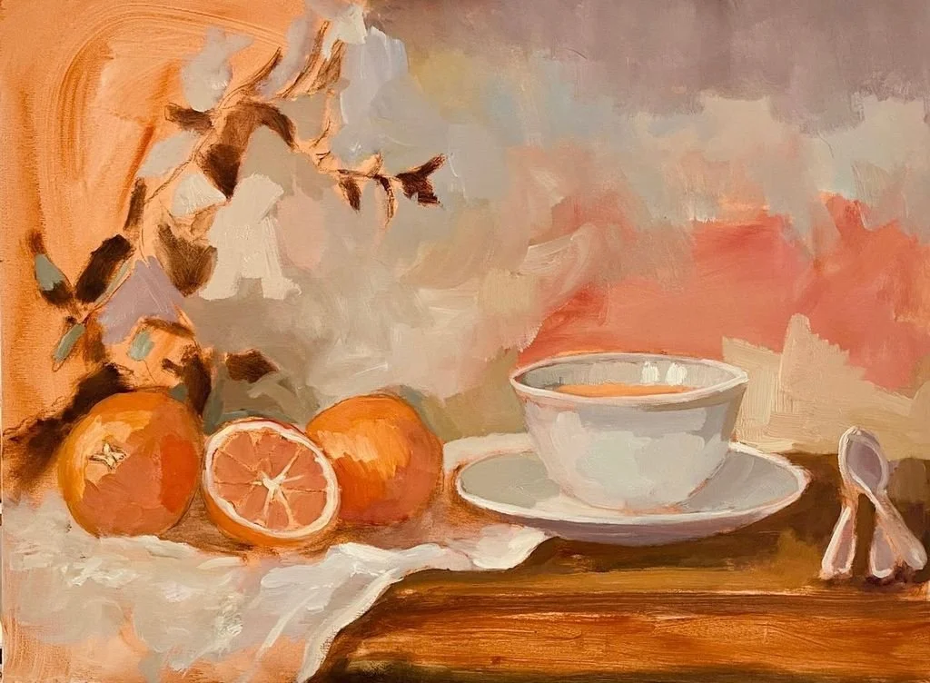 The original still-life painting by Algarve artist Meinke Flessemen used on La-Eva's Oro labels — oranges and a teacup in warm oils against a peach and grey ground.