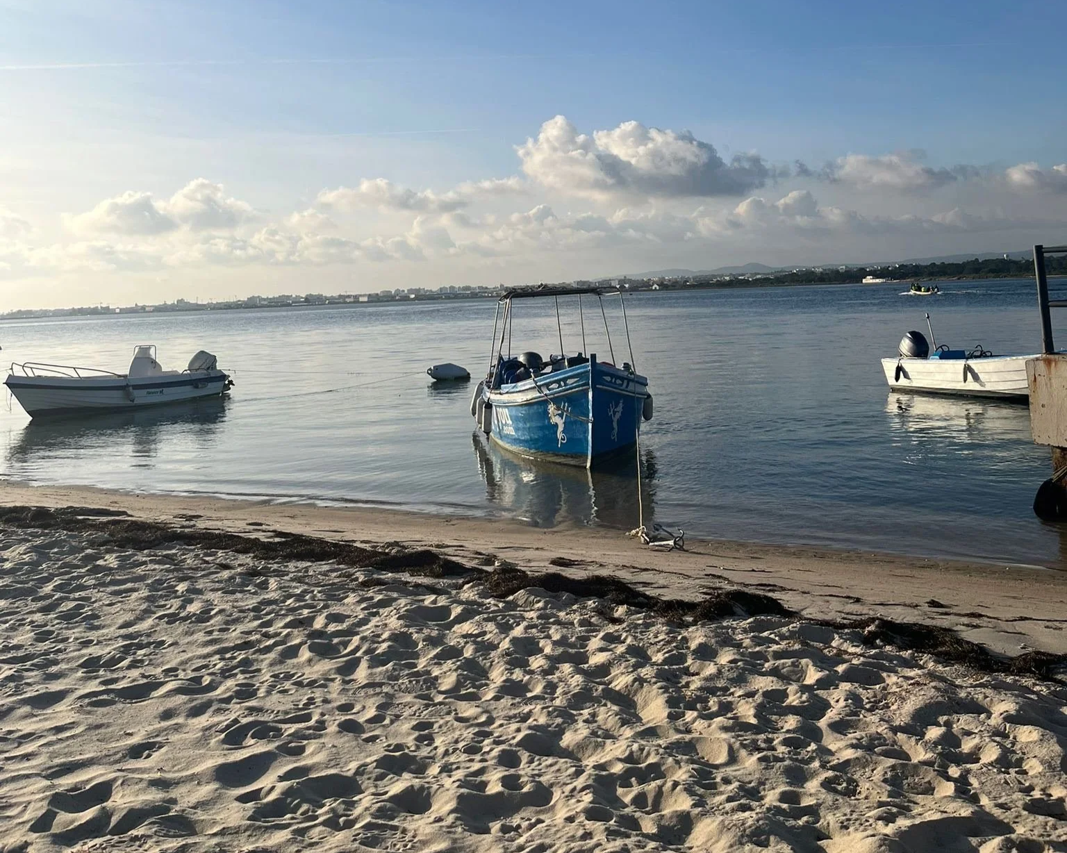 Small fishing boats moored in the calm Ria Formosa lagoon off Ilha da Armona, a short ferry from Casa Fuzetta, with the skyline of Olhão on the horizon under a bright blue sky.